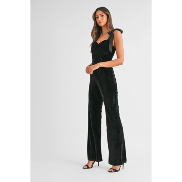 Black Satin Tie Shoulder Velvet Holiday Flare Party Cocktail Jumpsuit - Picture 3 of 6